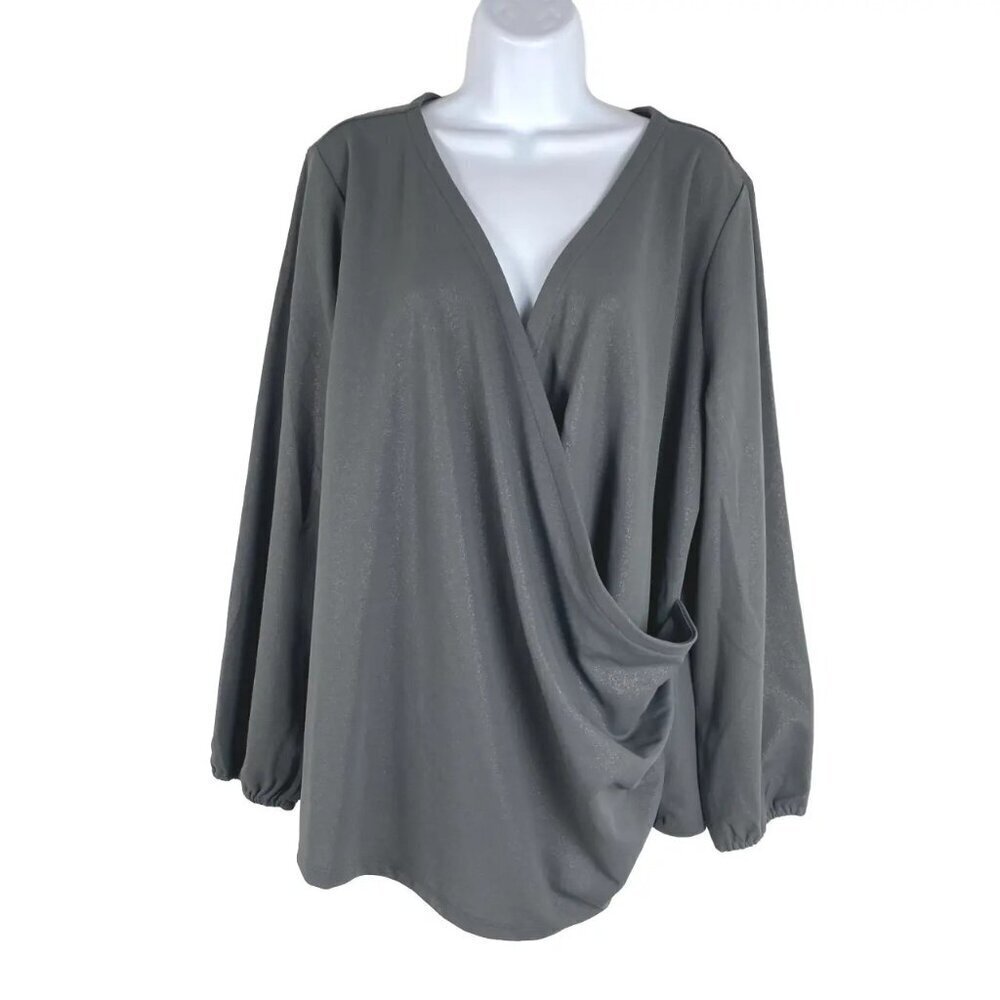 Talbots Faux Wrap Top Blouse 2X Gray Metallic Shimmer Long Sleeve NWT‎ TP-2256